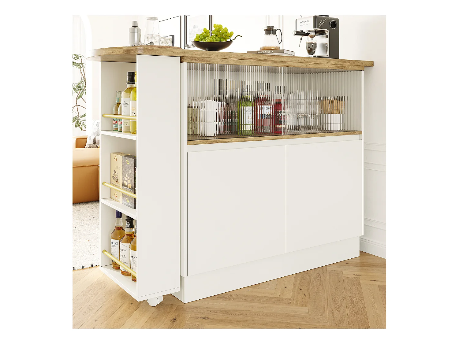 Table à Manger Multifonctionnelle Pivotante 360° + Buffet Blanc avec Compartiment de Rangement, Porte en Verre, MDF (90x45x100 cm)