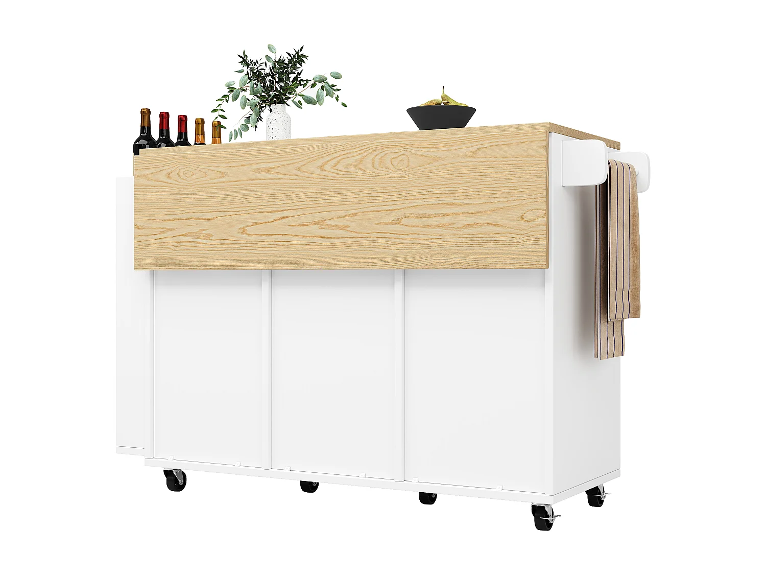 Meuble de cuisine avec roulettes, plan de travail, étagères et tiroirs, blanc, portes coulissantes, porte-serviette (110x42x90 cm)