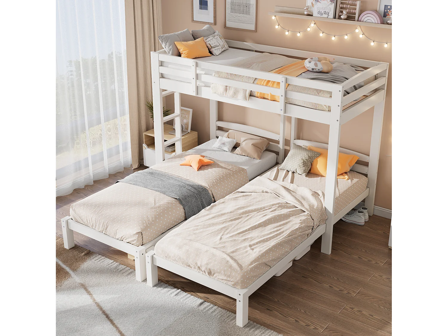 Wit stapelbed 90x200cm driepersoonsbed met ladder (zonder matras)