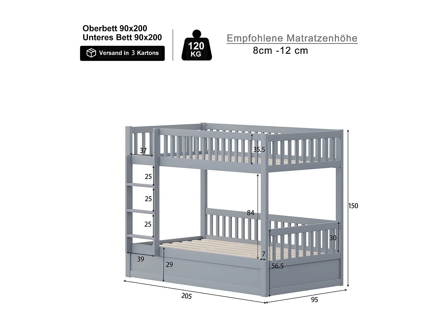 Lit superposé enfant 90x200cm, gris, avec rangement hydraulique, cadre de lit inclus (sans matelas)
