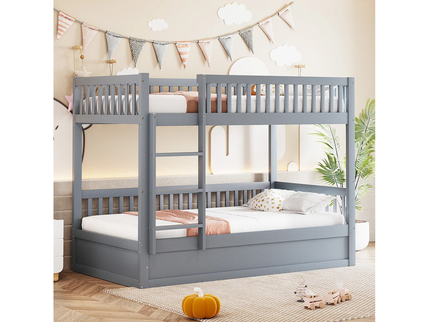 Lit superposé enfant 90x200cm, gris, avec rangement hydraulique, cadre de lit inclus (sans matelas)