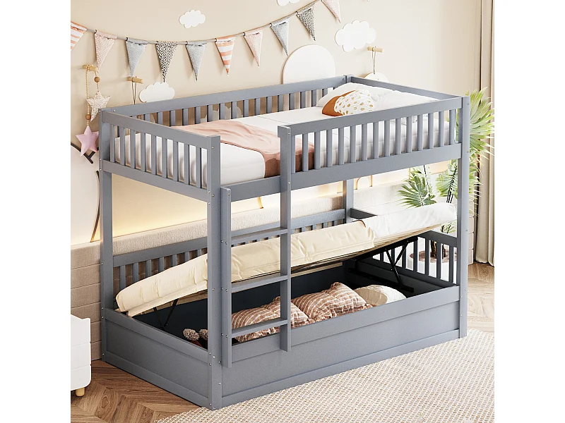 Lit superposé enfant 90x200cm, gris, avec rangement hydraulique, cadre de lit inclus (sans matelas)