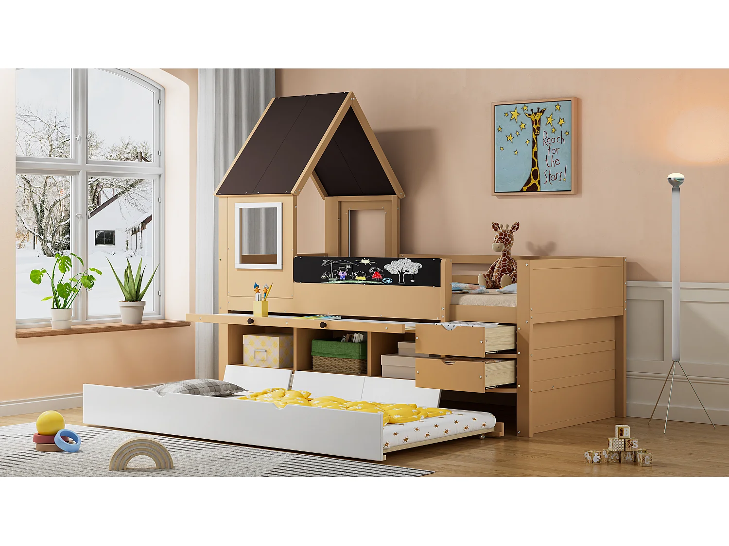 Cama infantil cabina 90x190 y 90x200 con escritorio extraíble, cama infantil con almacenaje, blanco + natural