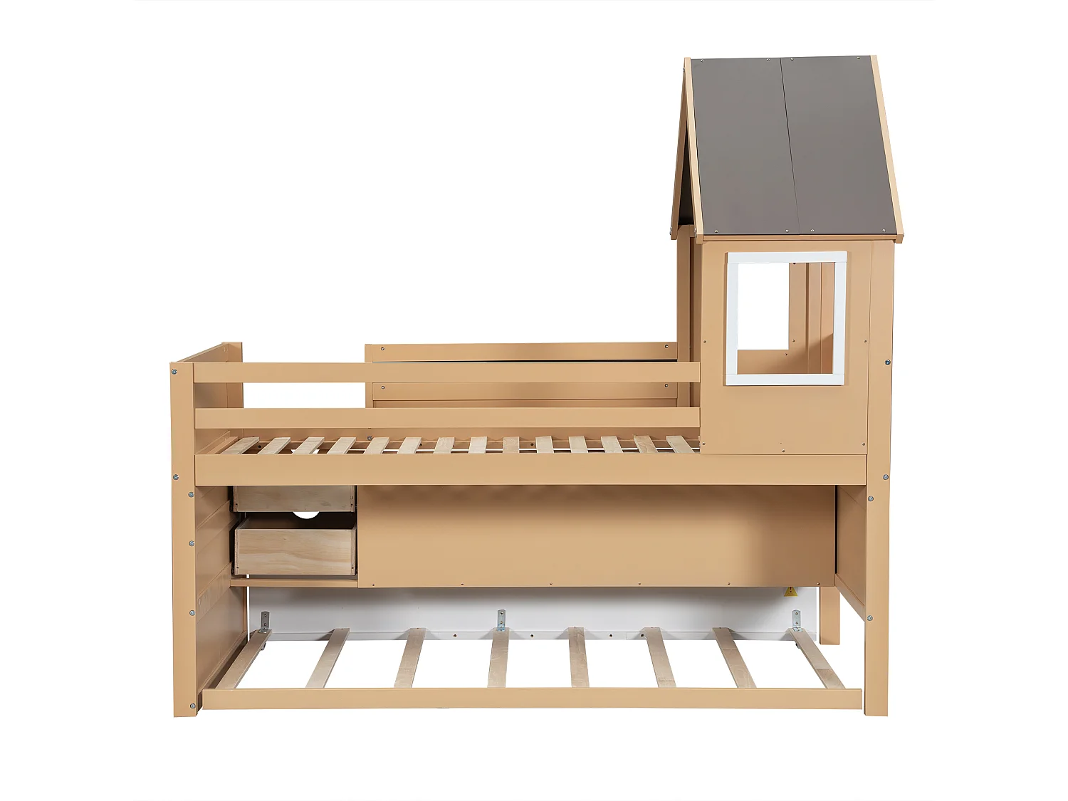 Cama infantil cabina 90x190 y 90x200 con escritorio extraíble, cama infantil con almacenaje, blanco + natural