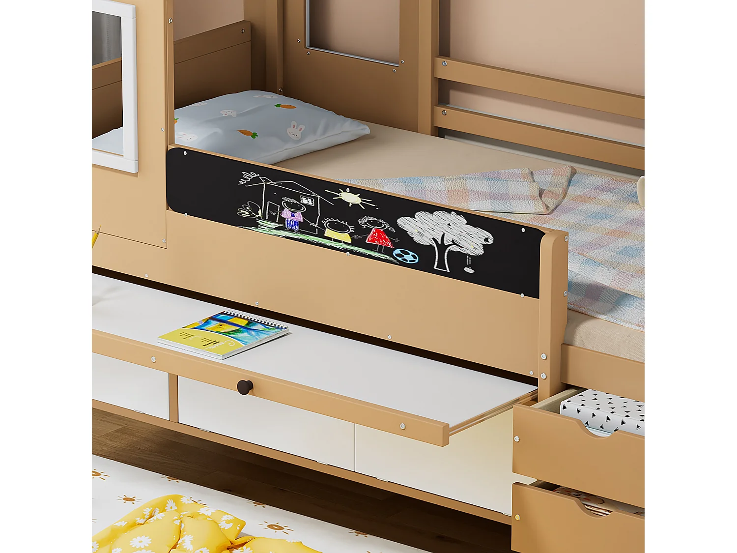 Cama infantil cabina 90x190 y 90x200 con escritorio extraíble, cama infantil con almacenaje, blanco + natural