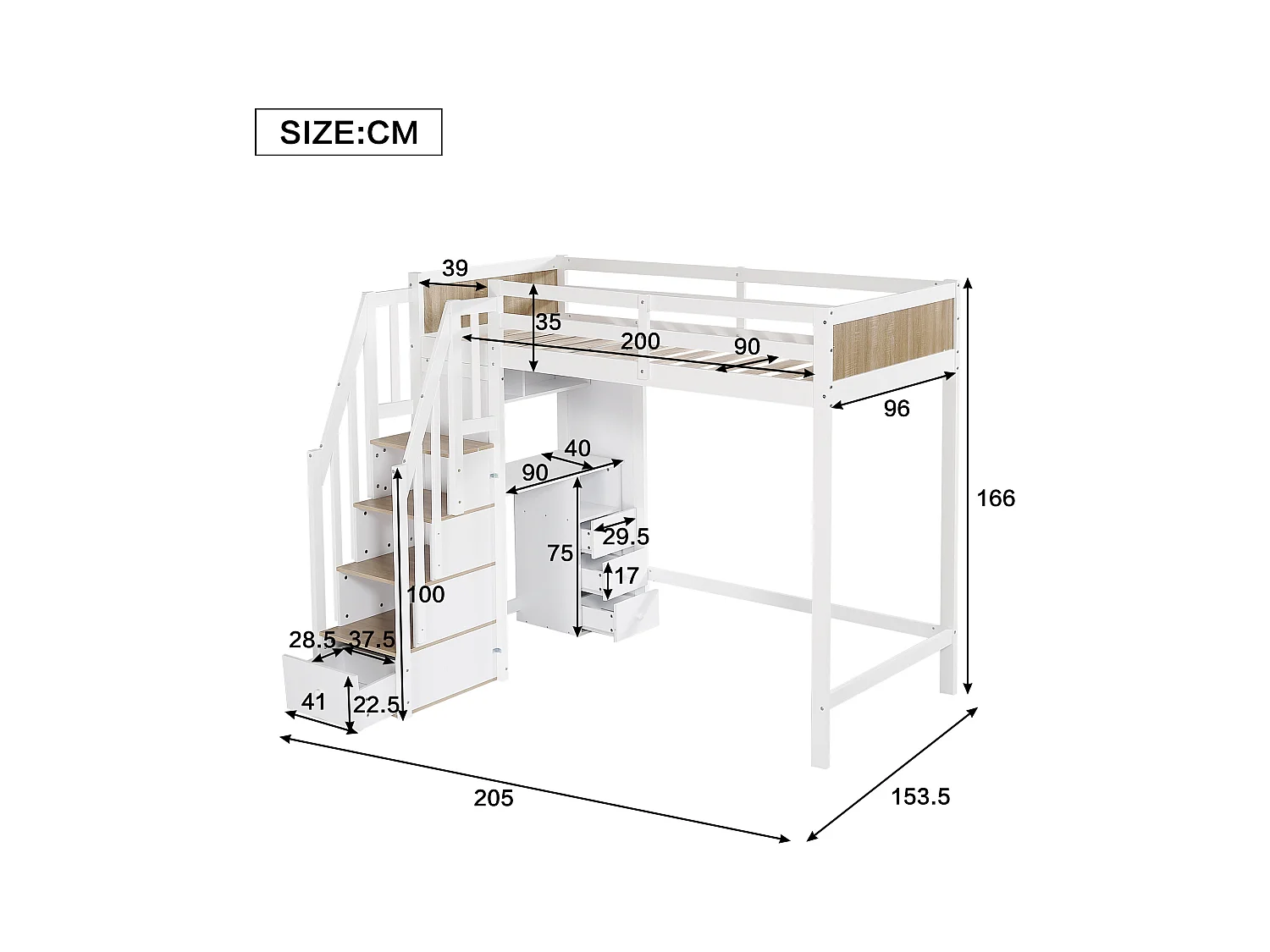 Lit superposé 90x200 cm, Bureau avec 3 tiroirs, armoires à 4 marches, étagères Ouvertes, Blanc