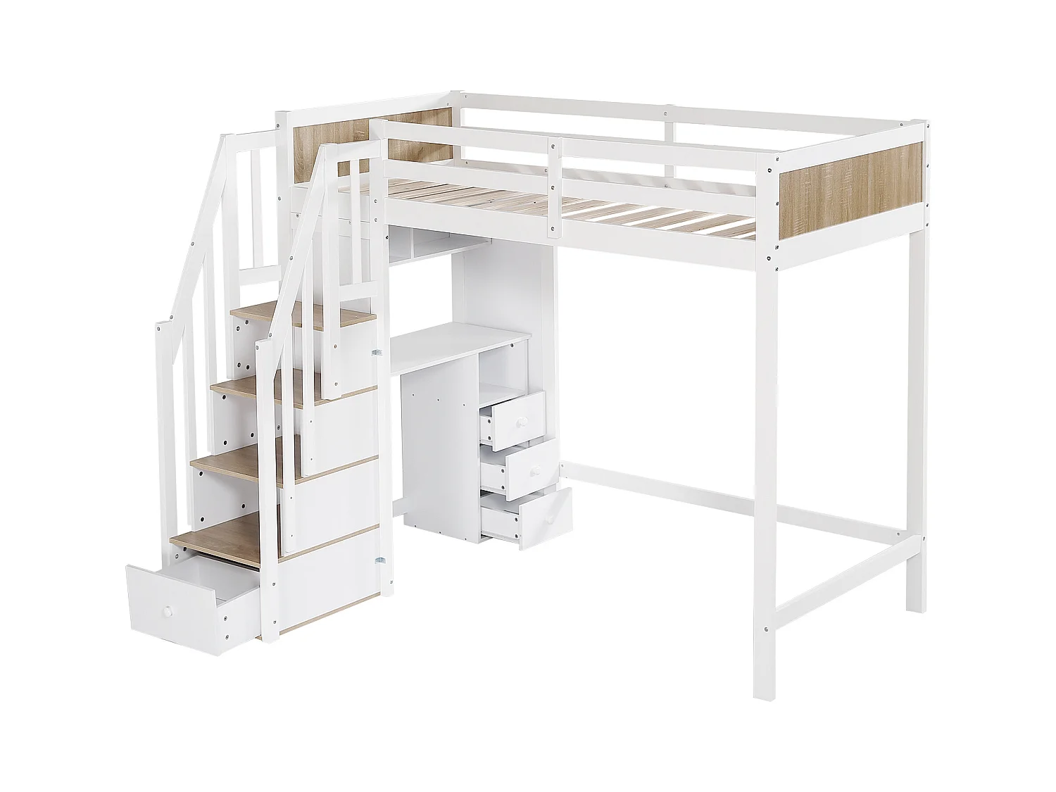 Lit superposé 90x200 cm, Bureau avec 3 tiroirs, armoires à 4 marches, étagères Ouvertes, Blanc