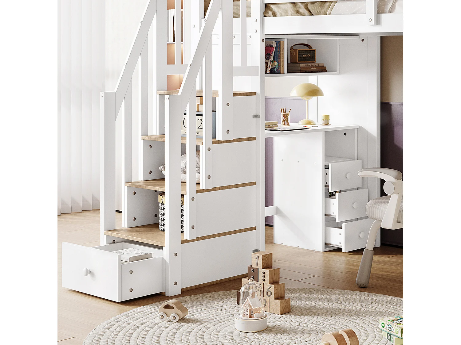 Lit superposé 90x200 cm, Bureau avec 3 tiroirs, armoires à 4 marches, étagères Ouvertes, Blanc