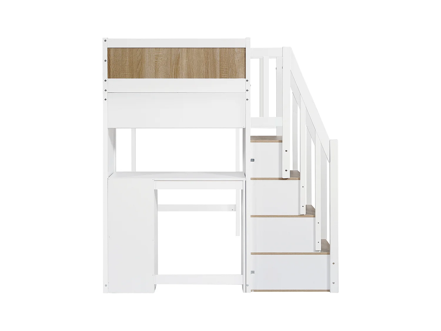 Lit superposé 90x200 cm, Bureau avec 3 tiroirs, armoires à 4 marches, étagères Ouvertes, Blanc