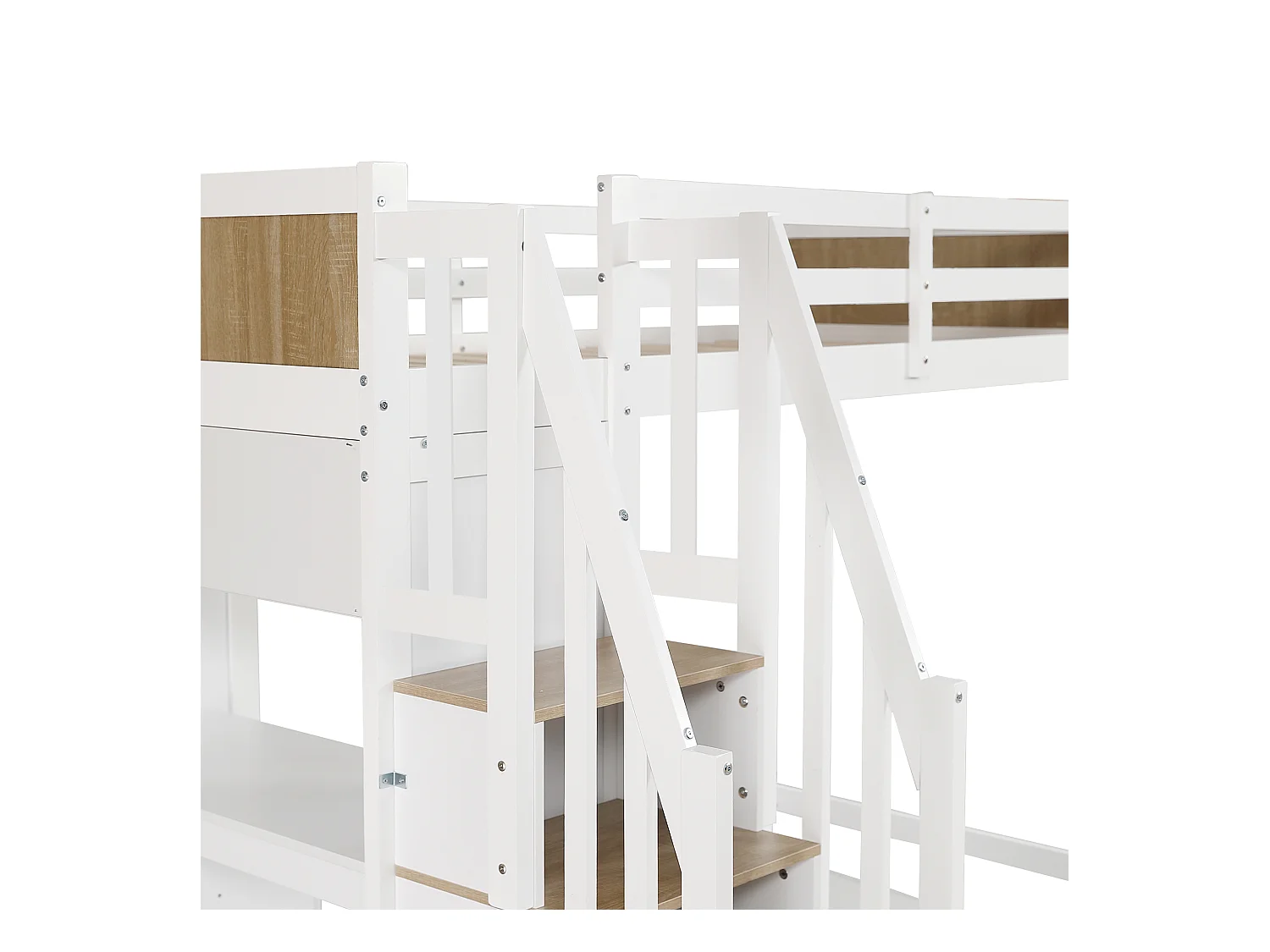 Lit superposé 90x200 cm, Bureau avec 3 tiroirs, armoires à 4 marches, étagères Ouvertes, Blanc