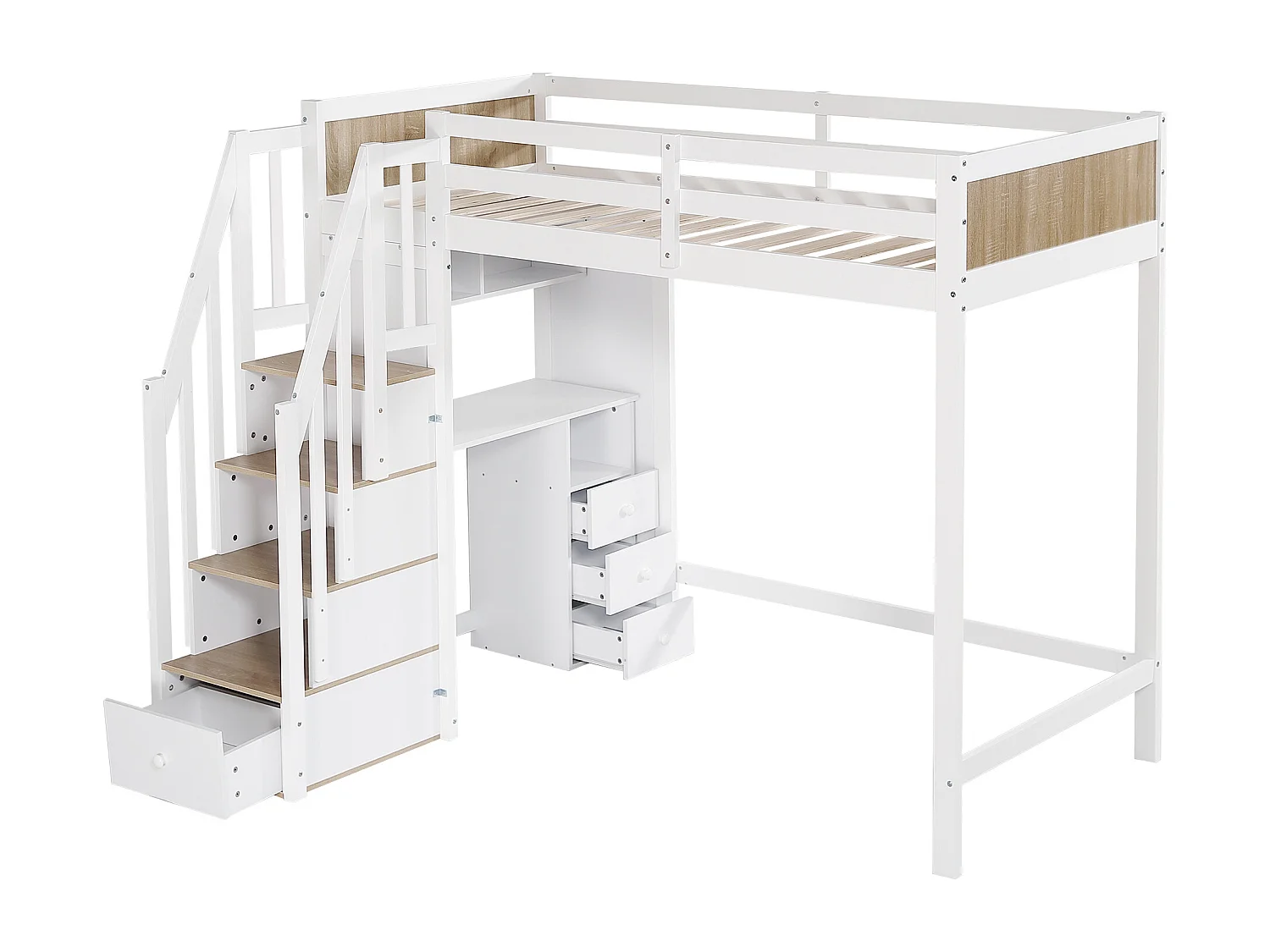 Lit superposé 90x200 cm, Bureau avec 3 tiroirs, armoires à 4 marches, étagères Ouvertes, Blanc