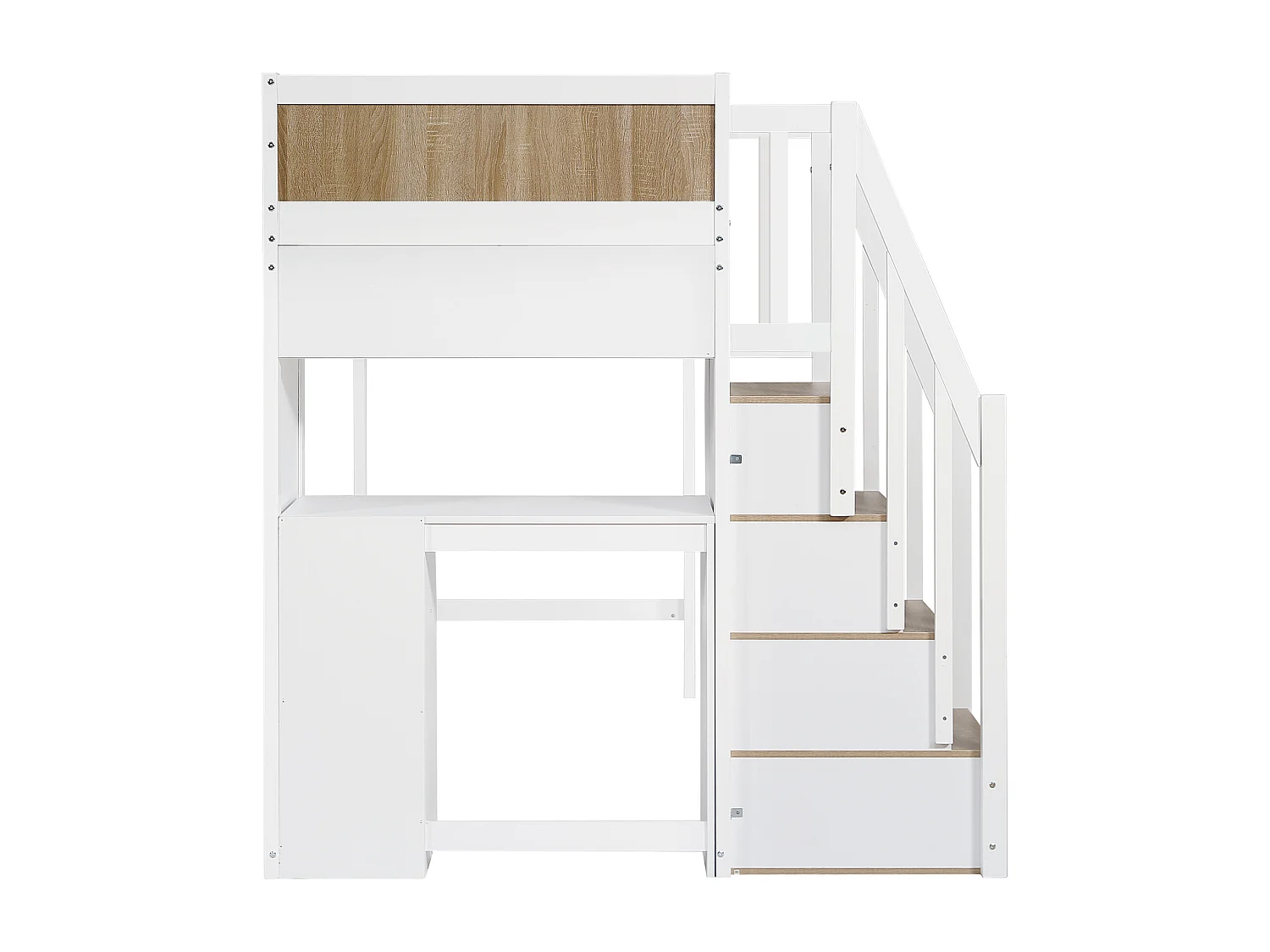 Lit superposé 90x200 cm, Bureau avec 3 tiroirs, armoires à 4 marches, étagères Ouvertes, Blanc