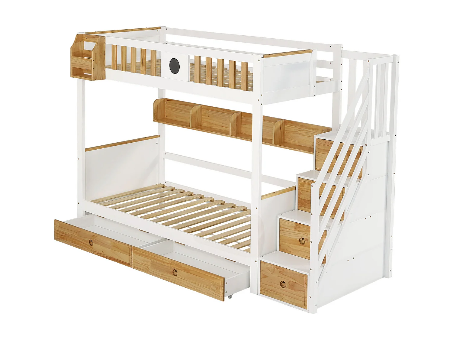 Lit Superposé Enfant 90x200cm avec 2 Tiroirs, 4 Échelles de Rangement et Sommier à Lattes – Blanc