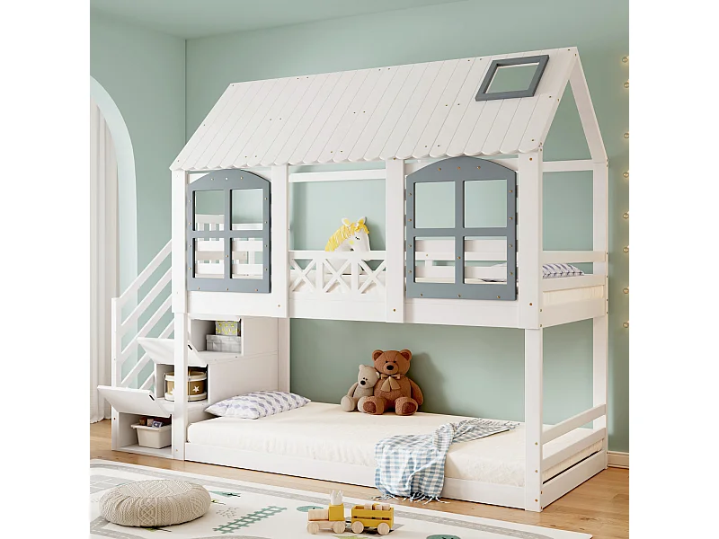 Litera de madera con 3 escaleras y somier de láminas, cama infantil de 90 x 200 cm, color blanco