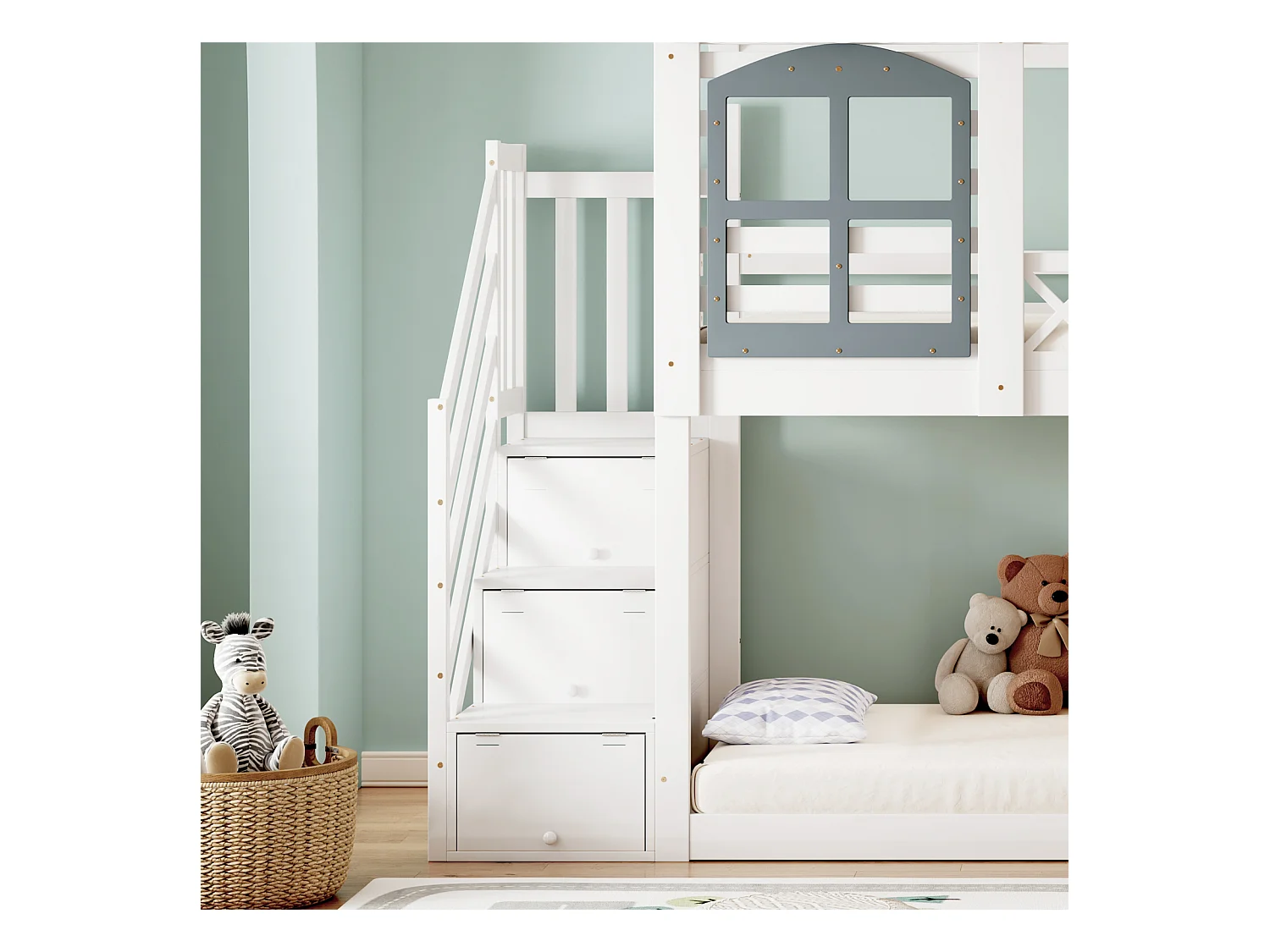 Lit Superposé en Bois avec 3 échelles de Rangement et Sommier à Lattes, Lit Enfant 90x200 cm, Blanc