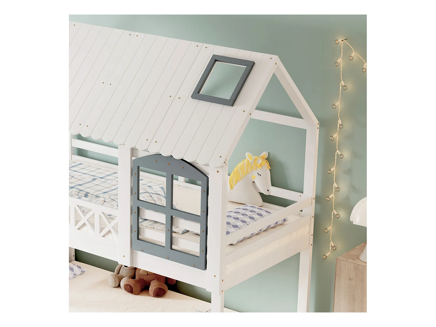 Lit Superposé en Bois avec 3 échelles de Rangement et Sommier à Lattes, Lit Enfant 90x200 cm, Blanc