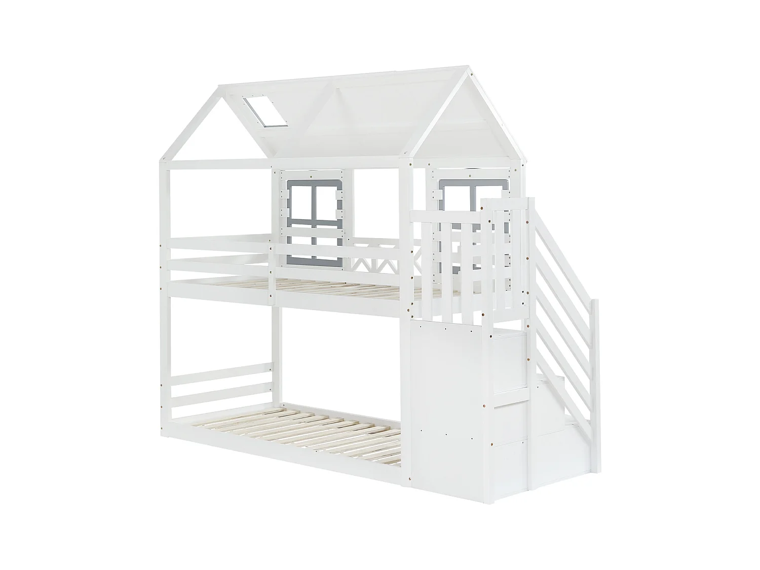 Lit Superposé en Bois avec 3 échelles de Rangement et Sommier à Lattes, Lit Enfant 90x200 cm, Blanc