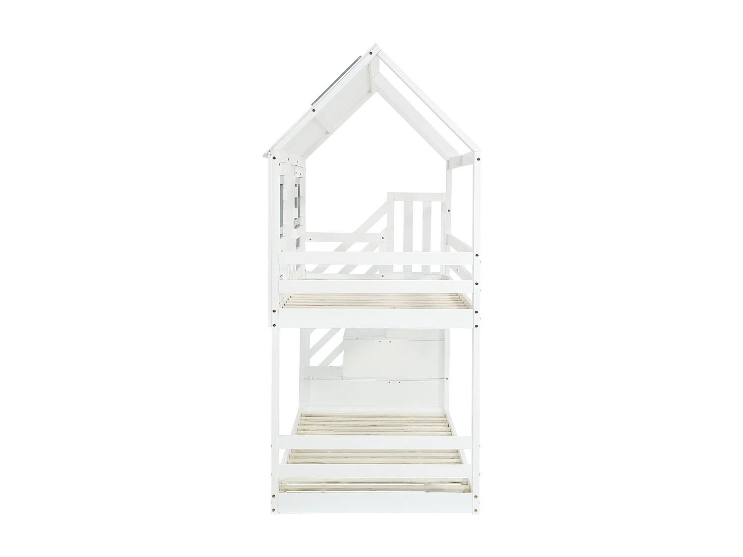 Lit Superposé en Bois avec 3 échelles de Rangement et Sommier à Lattes, Lit Enfant 90x200 cm, Blanc