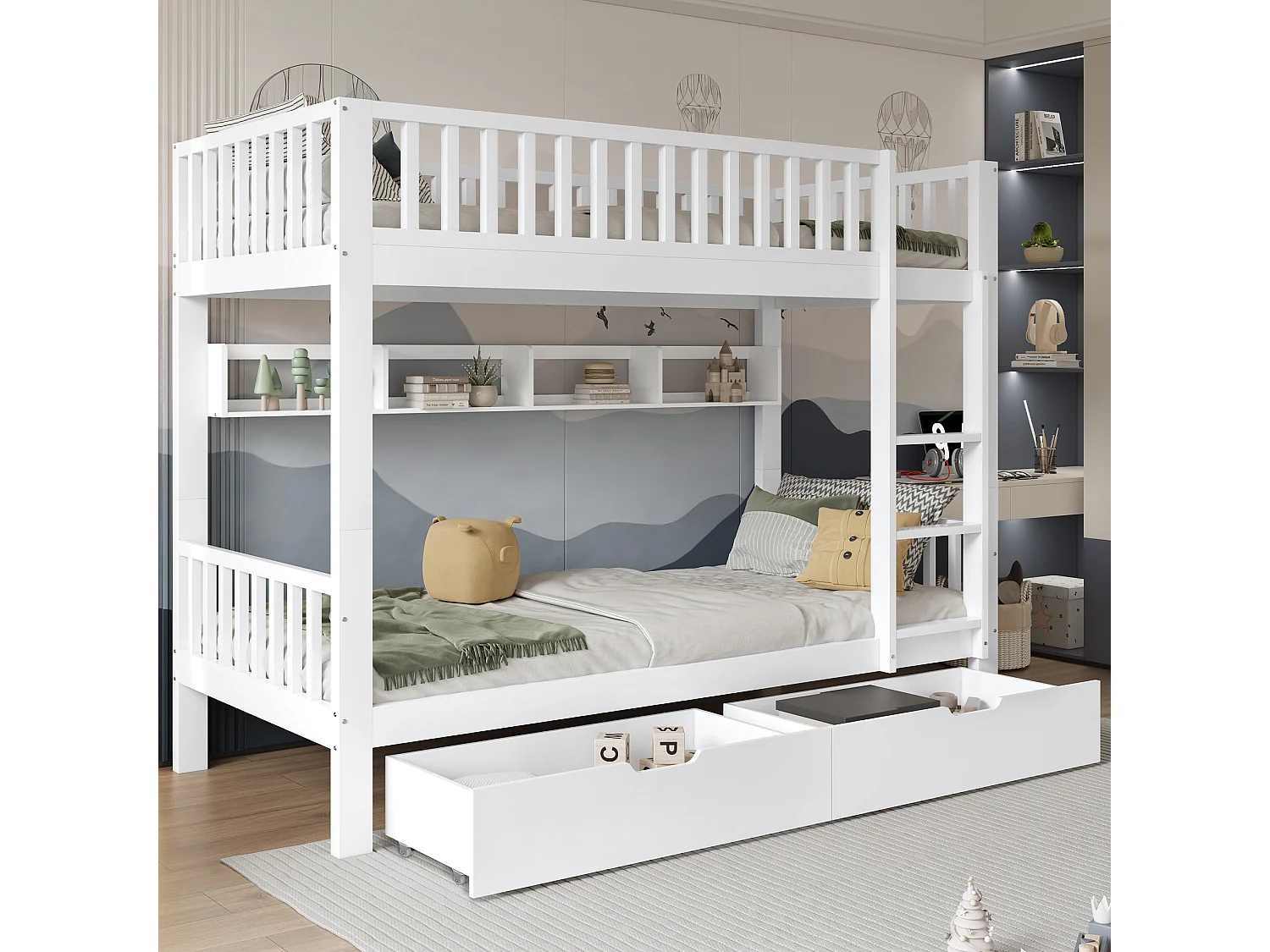 Stapelbed 90 x 200 cm, met 2 lades op wielen, boekenkast, hout, wit