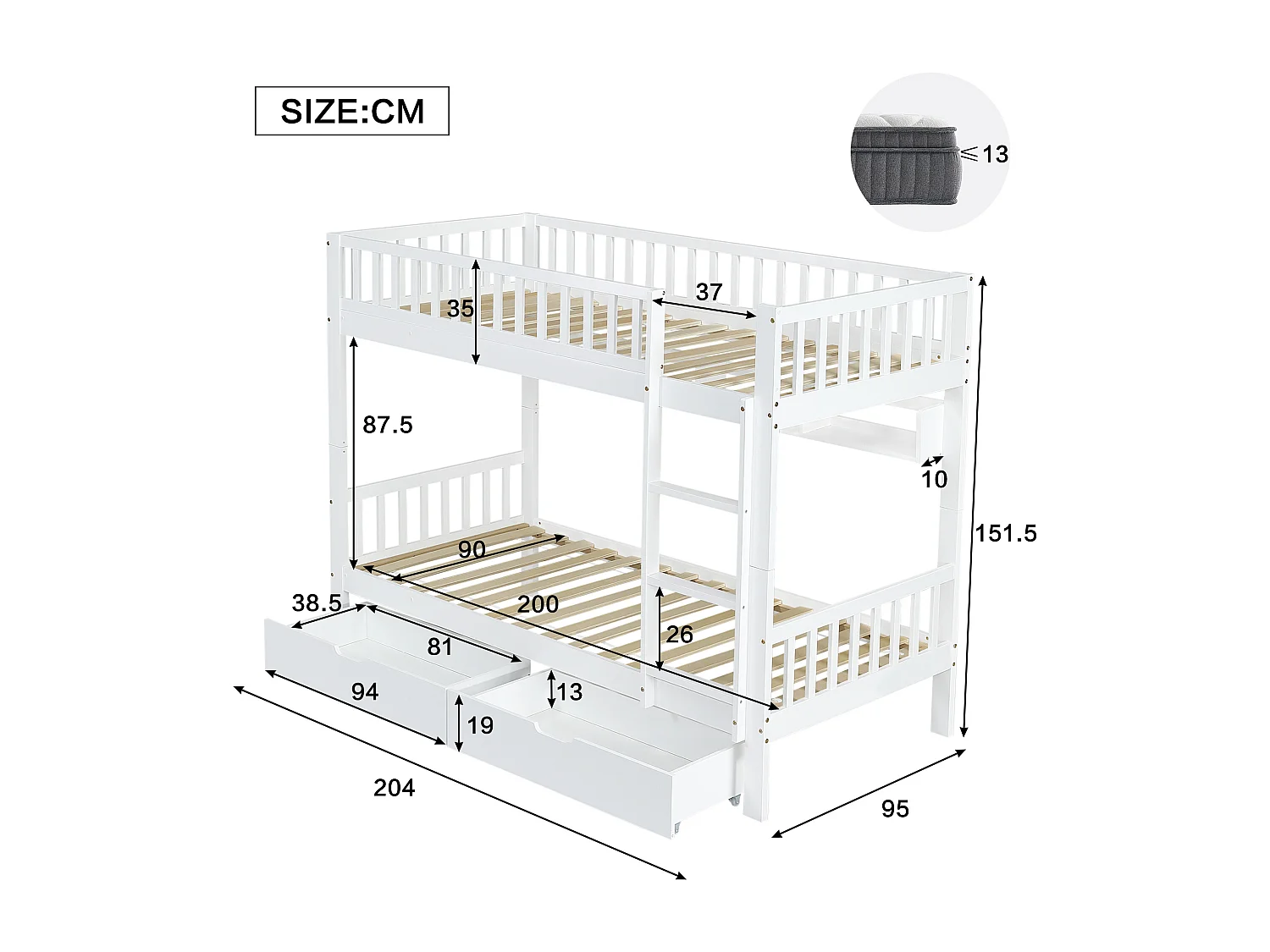 Stapelbed 90 x 200 cm, met 2 lades op wielen, boekenkast, hout, wit