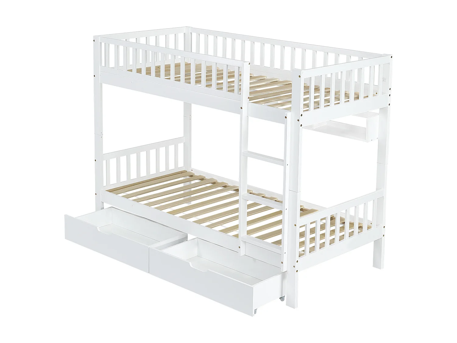 Stapelbed 90 x 200 cm, met 2 lades op wielen, boekenkast, hout, wit