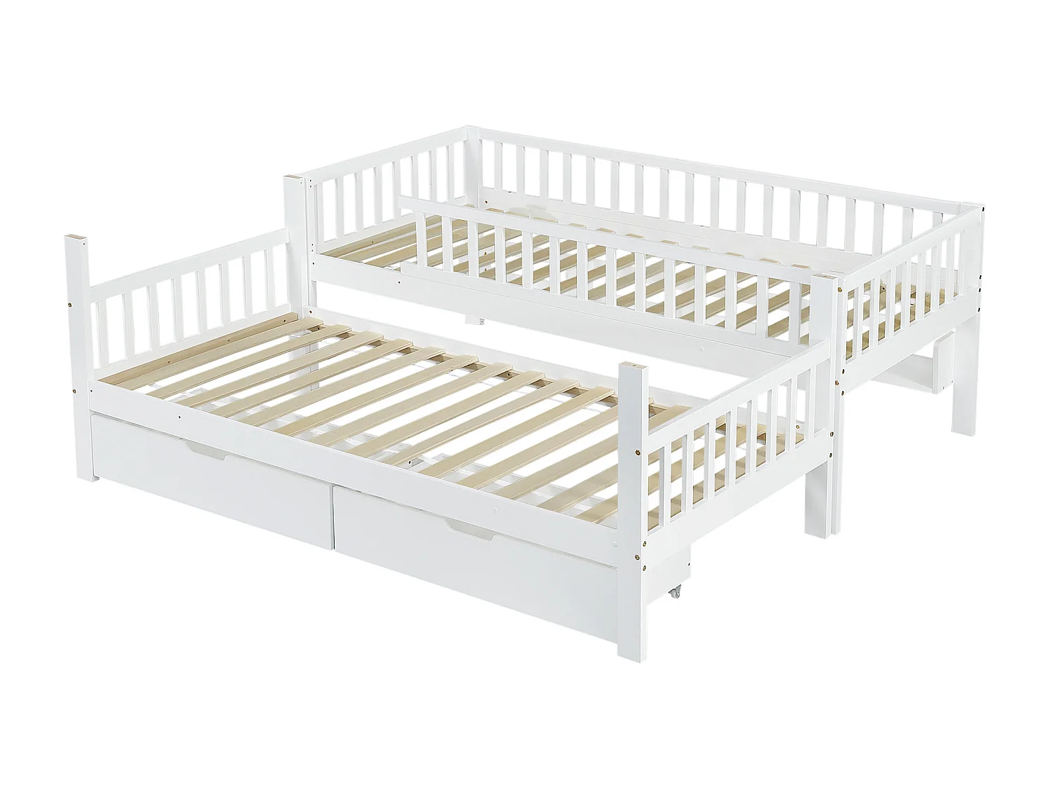 Stapelbed 90 x 200 cm, met 2 lades op wielen, boekenkast, hout, wit