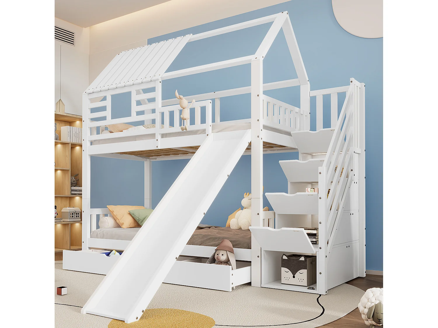 Lit superposé 90 x 200 cm , avec escalier, tiroir , toboggan,  avec sommier à lattes, Blanc