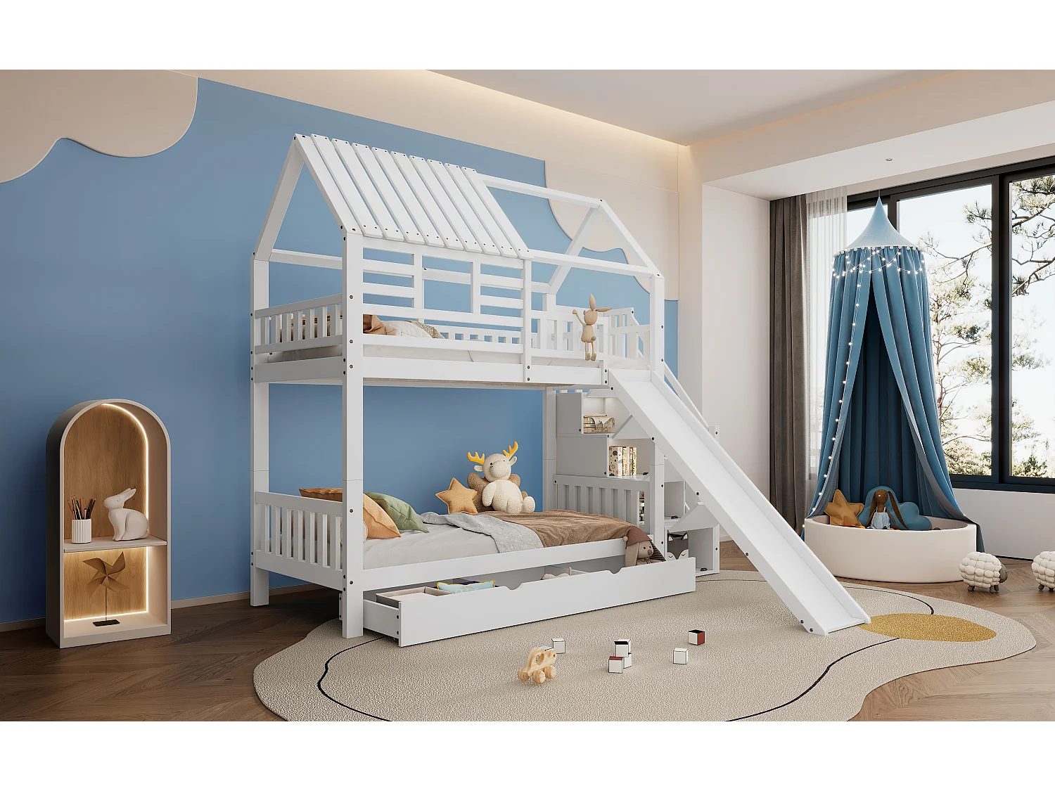 Lit superposé 90 x 200 cm , avec escalier, tiroir , toboggan,  avec sommier à lattes, Blanc