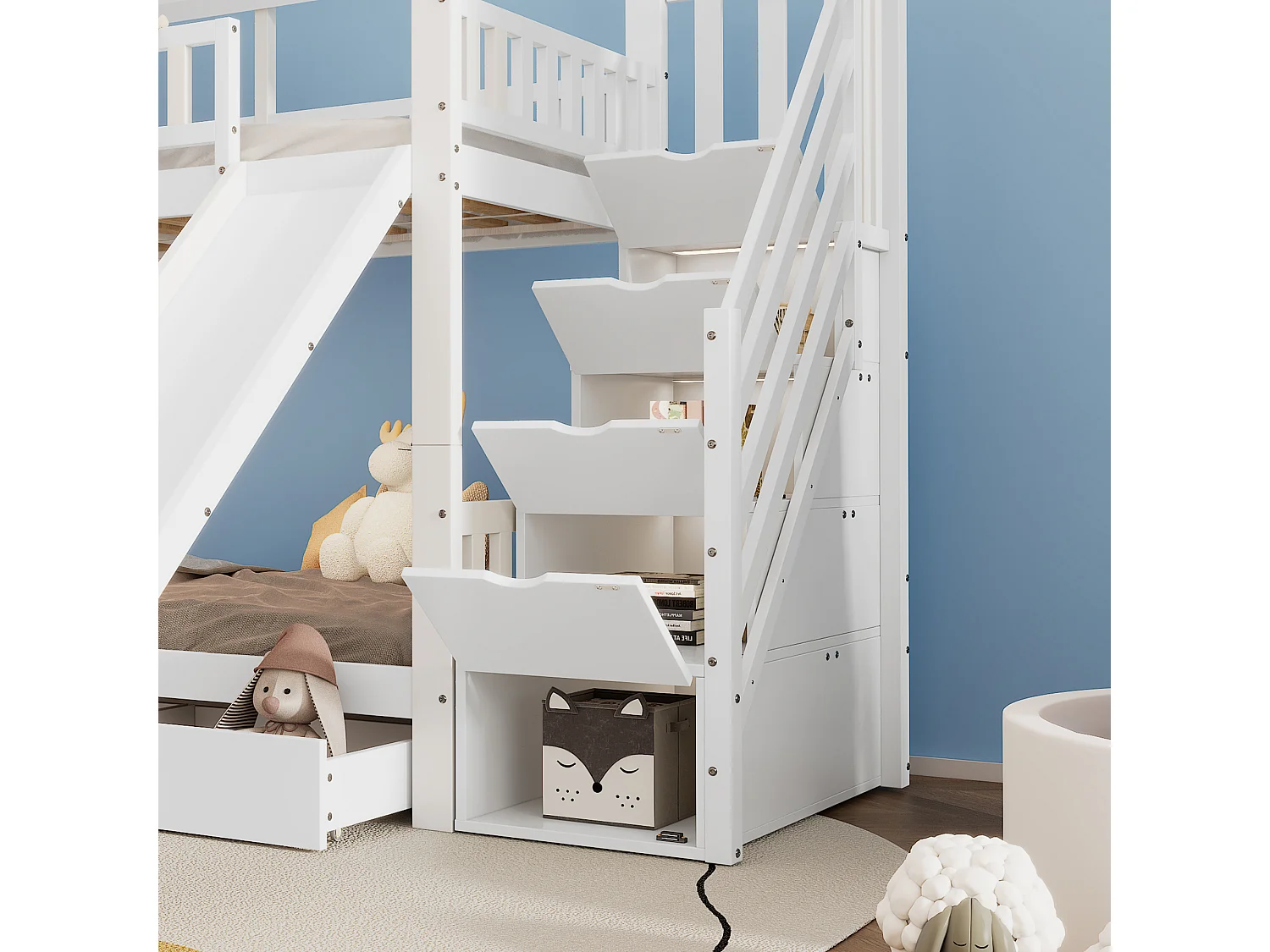 Lit superposé 90 x 200 cm , avec escalier, tiroir , toboggan,  avec sommier à lattes, Blanc