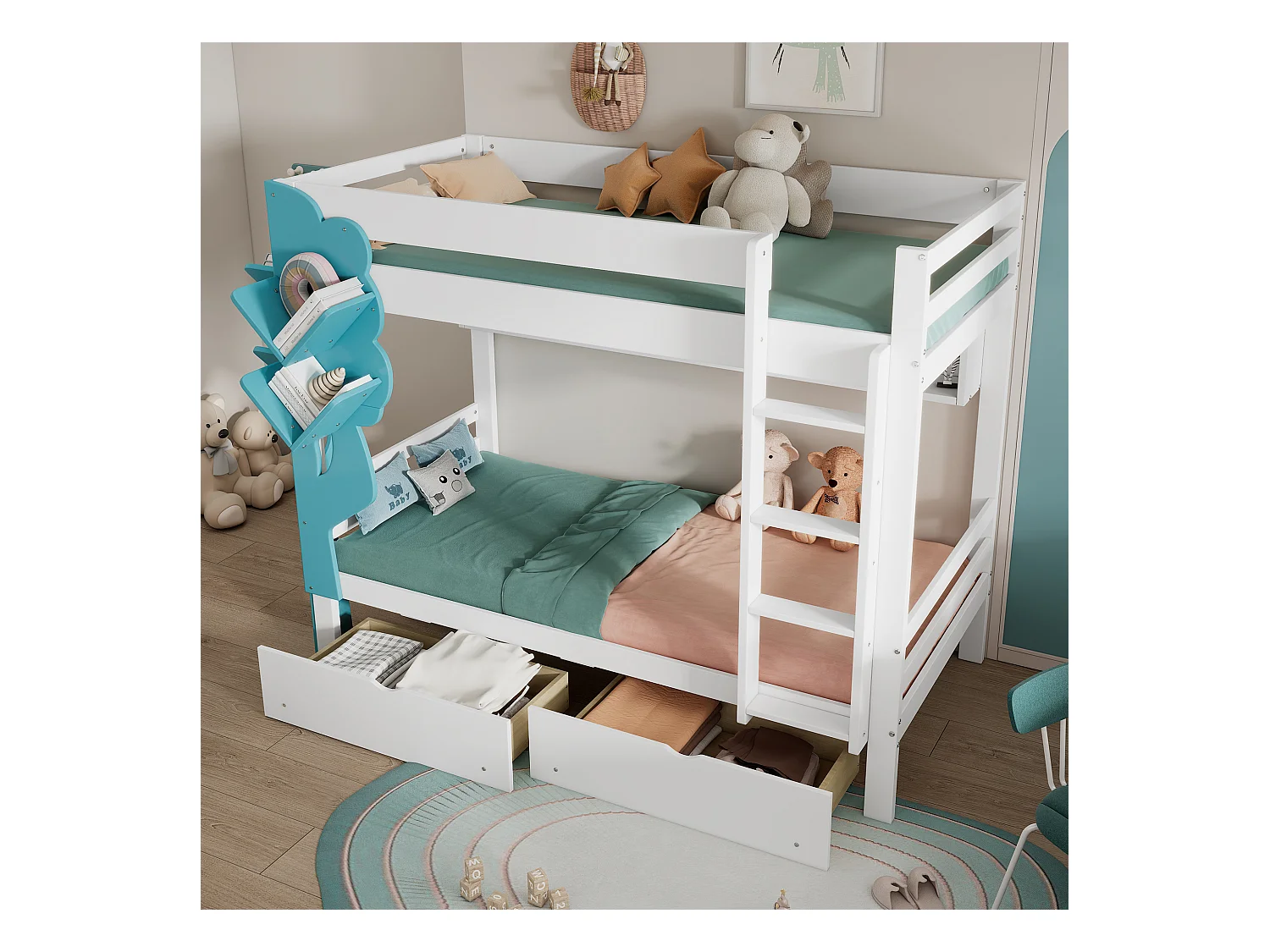 Lit superposé pour enfant 90 x 200 cm avec 2 tiroirs et échelle de lit, avec bibliothèque, Blanc