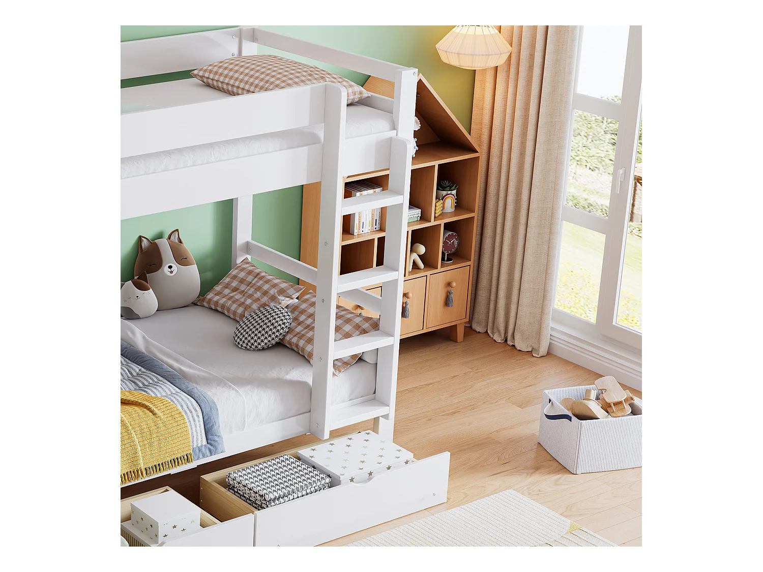 Lit superposé pour enfant 90 x 200 cm avec 2 tiroirs et échelle de lit, avec bibliothèque, Blanc