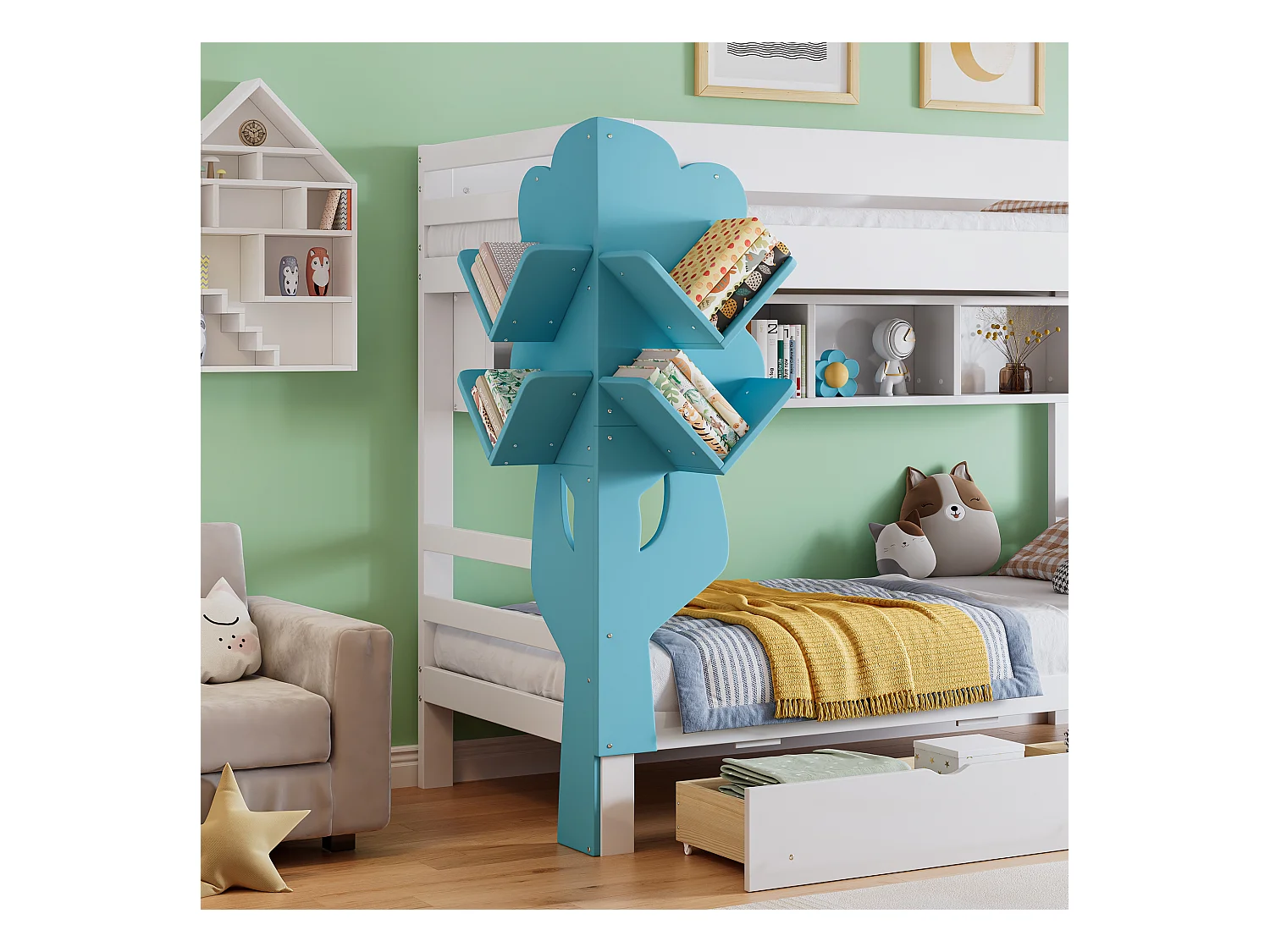Lit superposé pour enfant 90 x 200 cm avec 2 tiroirs et échelle de lit, avec bibliothèque, Blanc