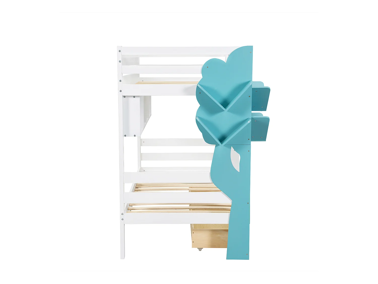 Lit superposé pour enfant 90 x 200 cm avec 2 tiroirs et échelle de lit, avec bibliothèque, Blanc