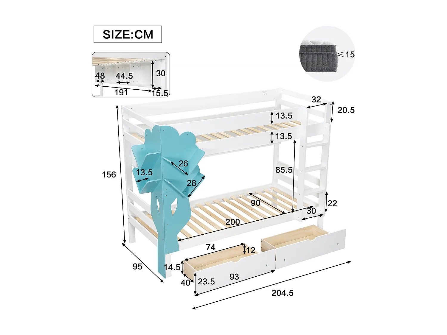 Lit superposé pour enfant 90 x 200 cm avec 2 tiroirs et échelle de lit, avec bibliothèque, Blanc
