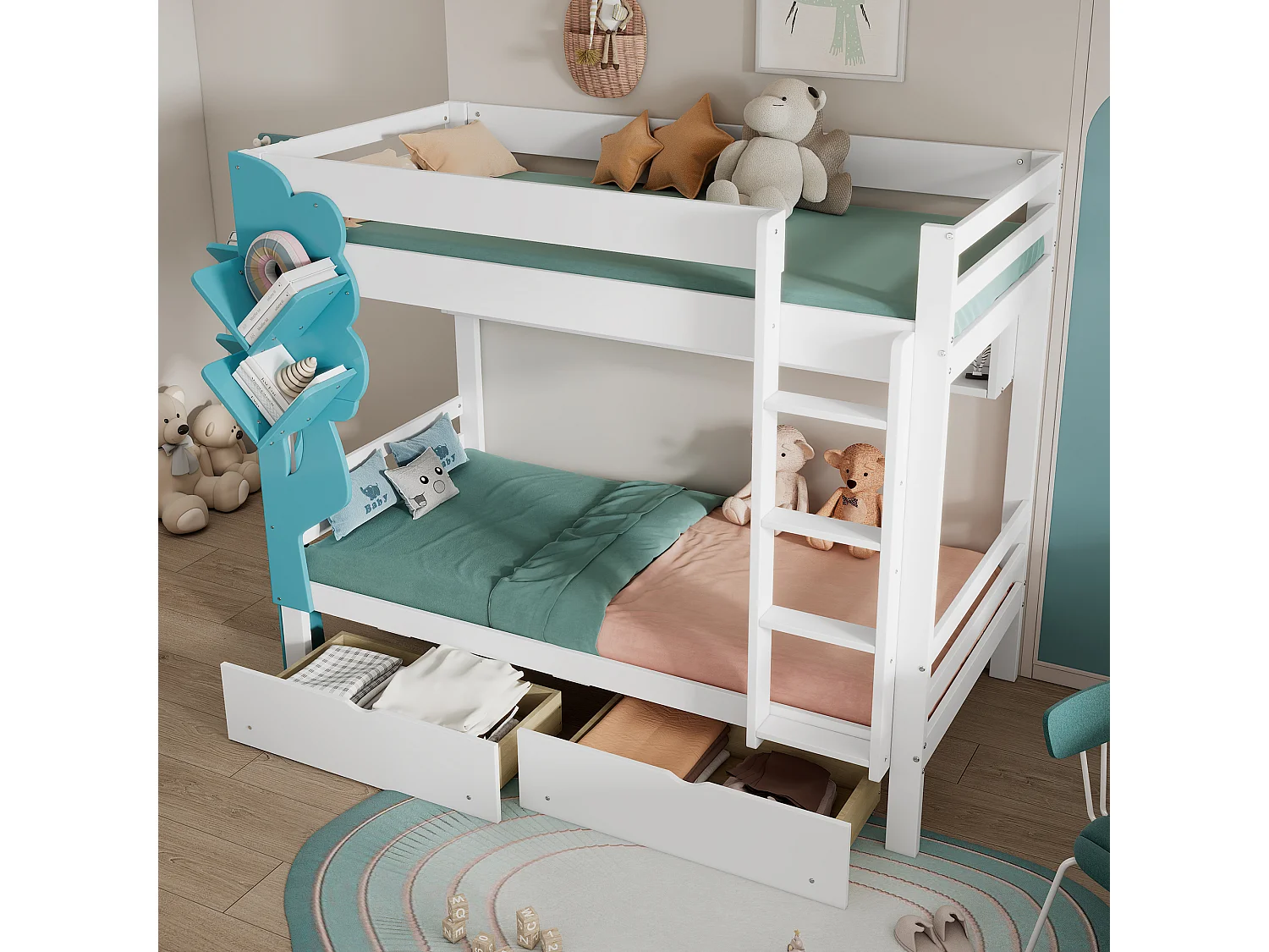 Lit superposé pour enfant 90 x 200 cm avec 2 tiroirs et échelle de lit, avec bibliothèque, Blanc