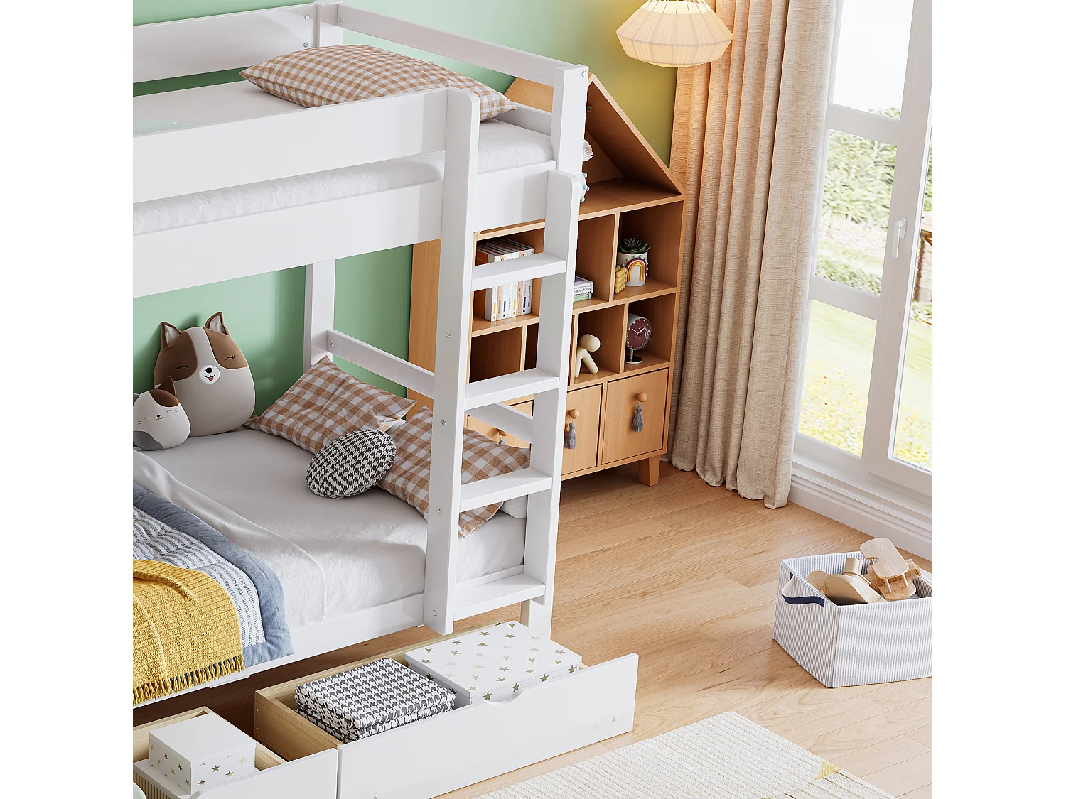 Lit superposé pour enfant 90 x 200 cm avec 2 tiroirs et échelle de lit, avec bibliothèque, Blanc