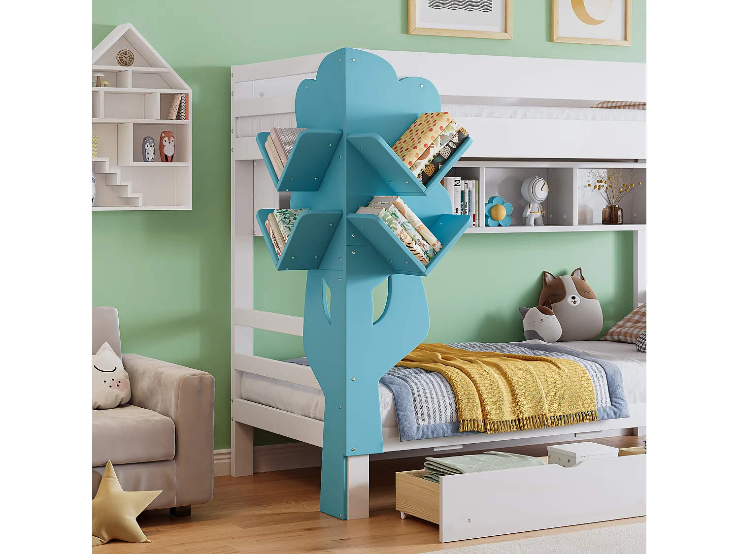 Lit superposé pour enfant 90 x 200 cm avec 2 tiroirs et échelle de lit, avec bibliothèque, Blanc