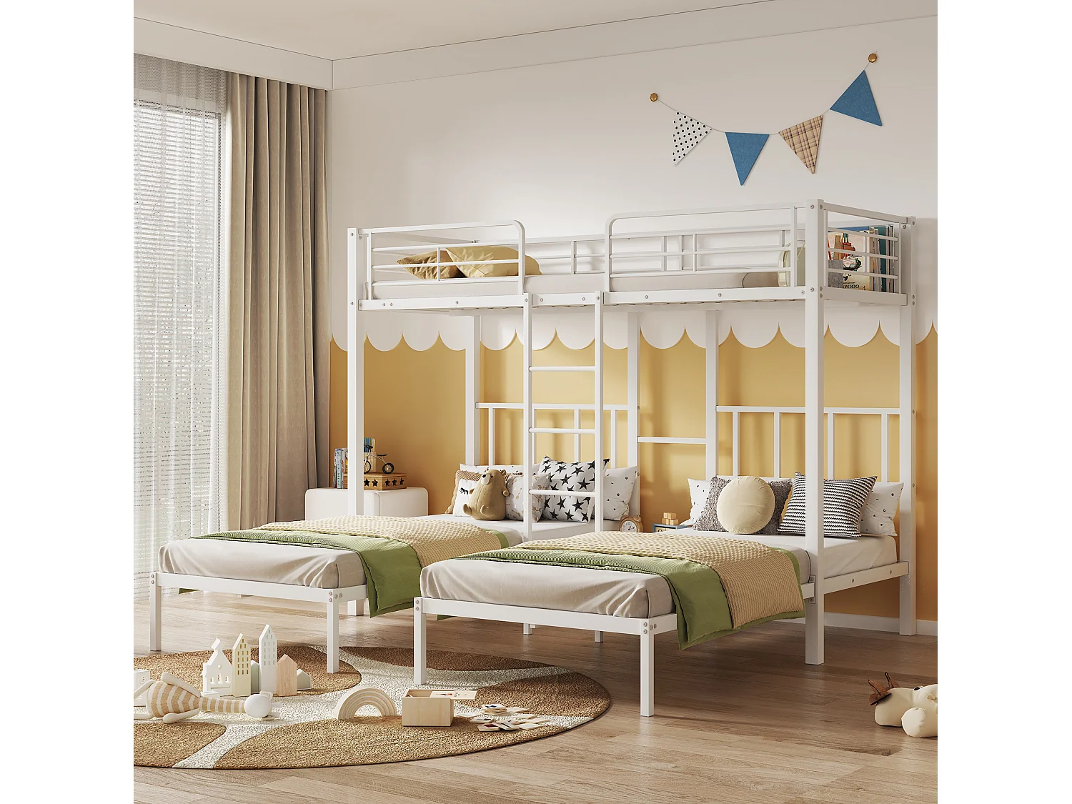 Kinderhut 90x200 een- en driepersoonsbed, met ladder, valbeveiliging, wit