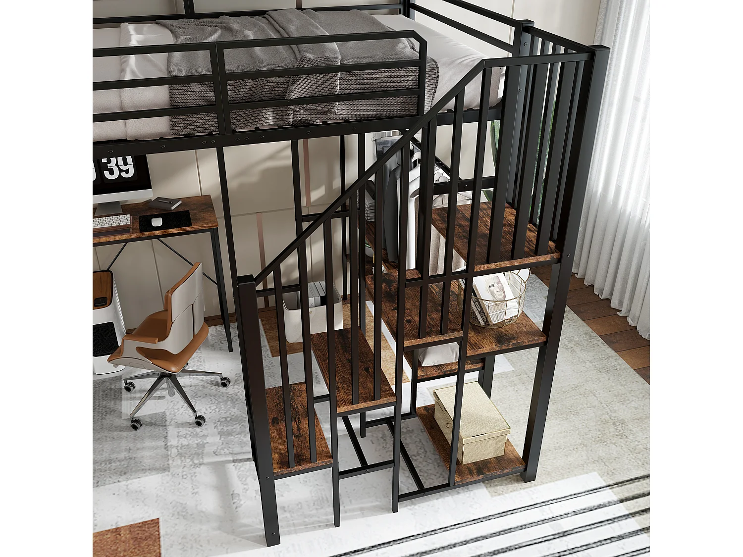 Lit Mezzanine 1 Places 120x200 avec Table et étagère de Rangement, avec Armoire Ouverte, Noir