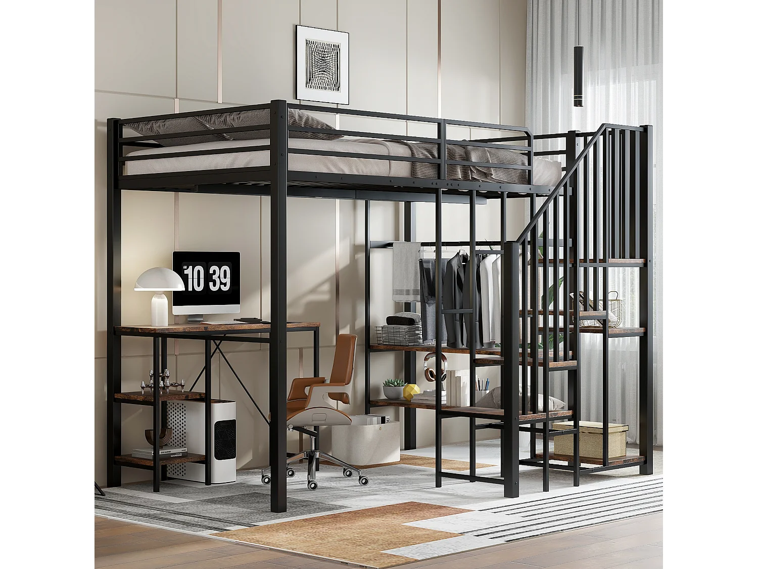 Lit Mezzanine 1 Places 120x200 avec Table et étagère de Rangement, avec Armoire Ouverte, Noir