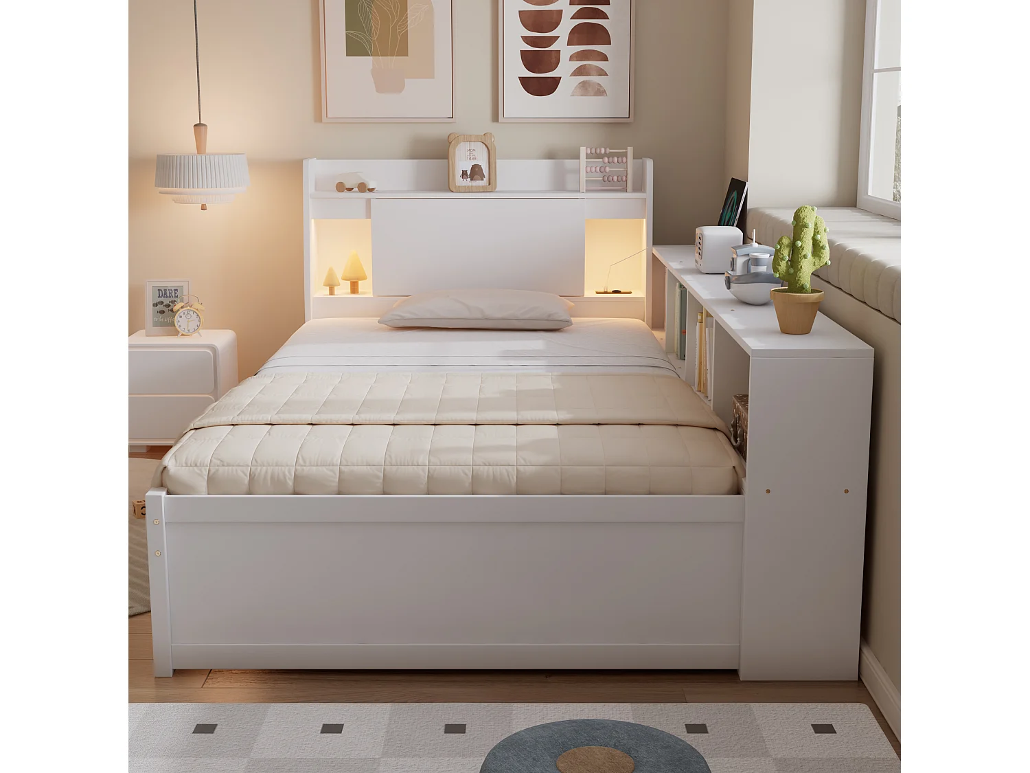 Lit Simple 90x200 cm avec Prise de Charge, tête de lit avec Rangement + 2 Lampes, Blanc