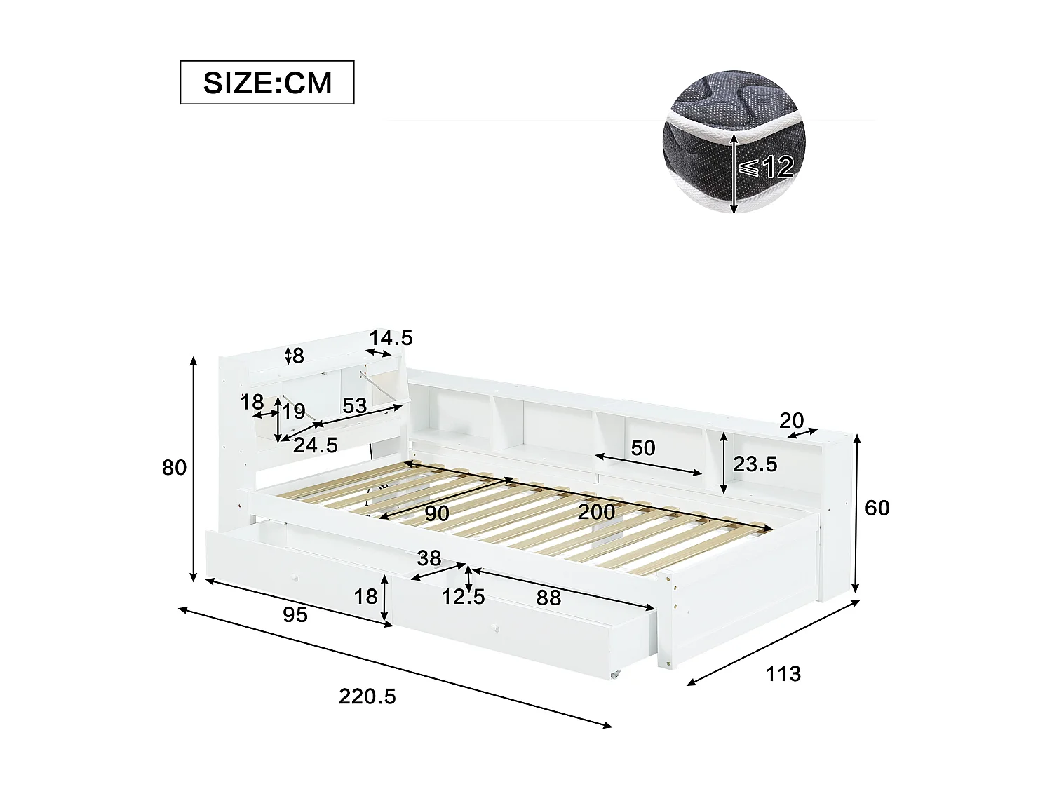Lit Simple 90x200 cm avec Prise de Charge, tête de lit avec Rangement + 2 Lampes, Blanc