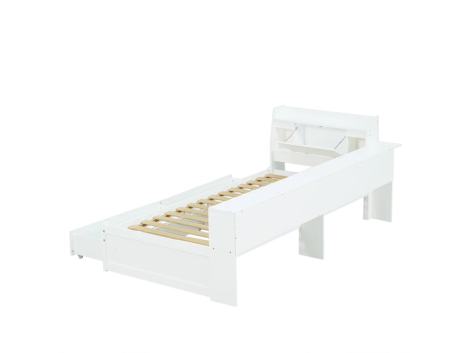 Lit Simple 90x200 cm avec Prise de Charge, tête de lit avec Rangement + 2 Lampes, Blanc