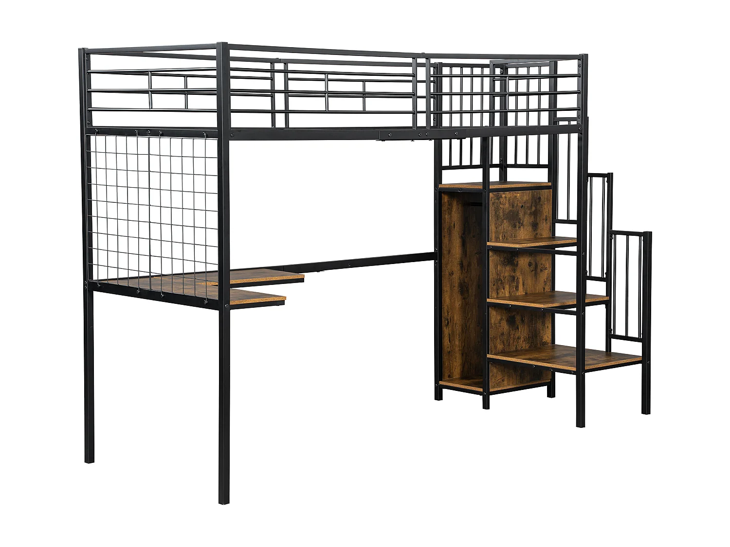 Hoogslaper, 90 x 200 cm, met bureau en ladder, veiligheidsladder en open kledingkast, Zwart