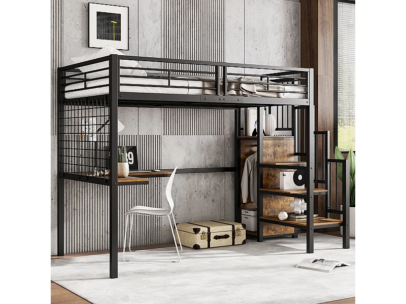 Lit mezzanine, 90 x 200 cm, avec bureau et escalier, échelle de sécurité et armoire ouverte, Noir