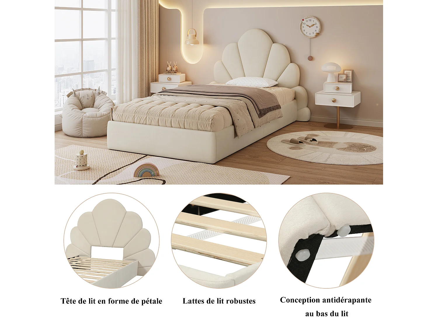 Beige fluwelen eenpersoonsbedframe, 90 x 200 cm, met bloemblaadjes hoofdeinde (matras niet inbegrepen)