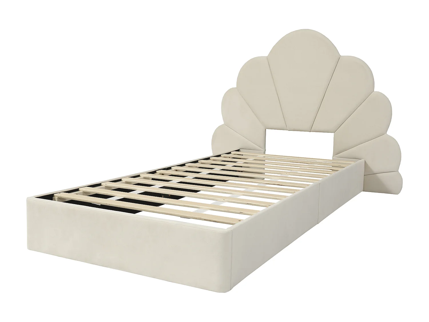 Beige fluwelen eenpersoonsbedframe, 90 x 200 cm, met bloemblaadjes hoofdeinde (matras niet inbegrepen)