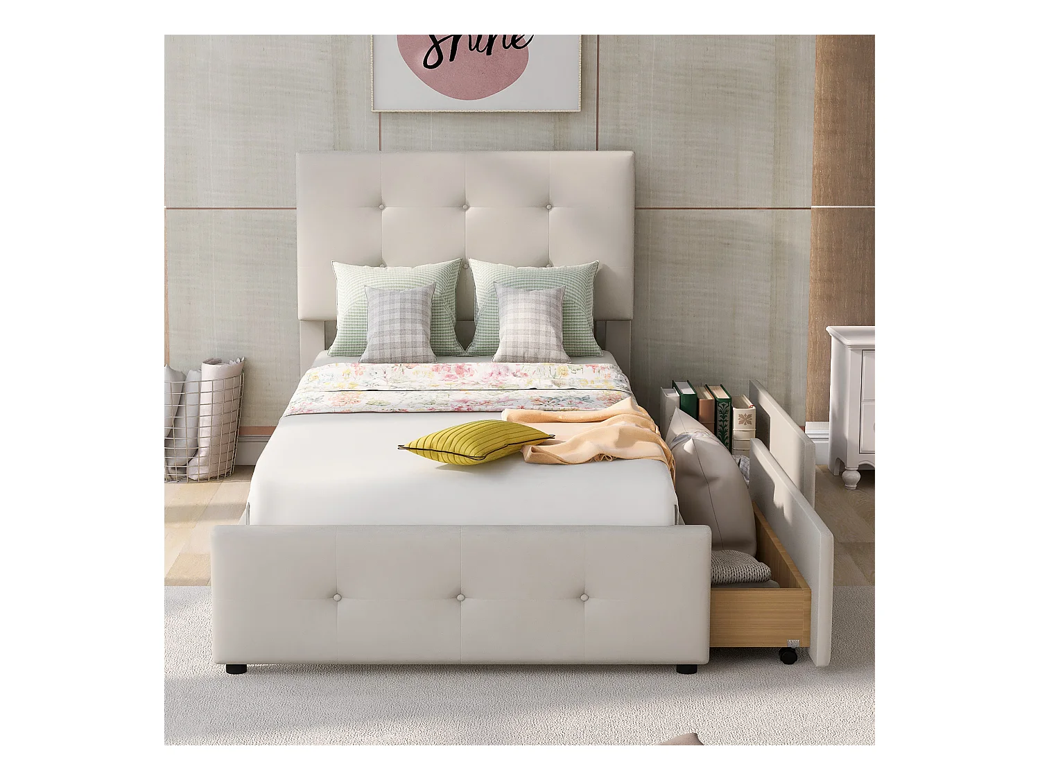 Cadre de lit simple beige 90x200cm avec sommier à lattes et 2 tiroirs (sans matelas)