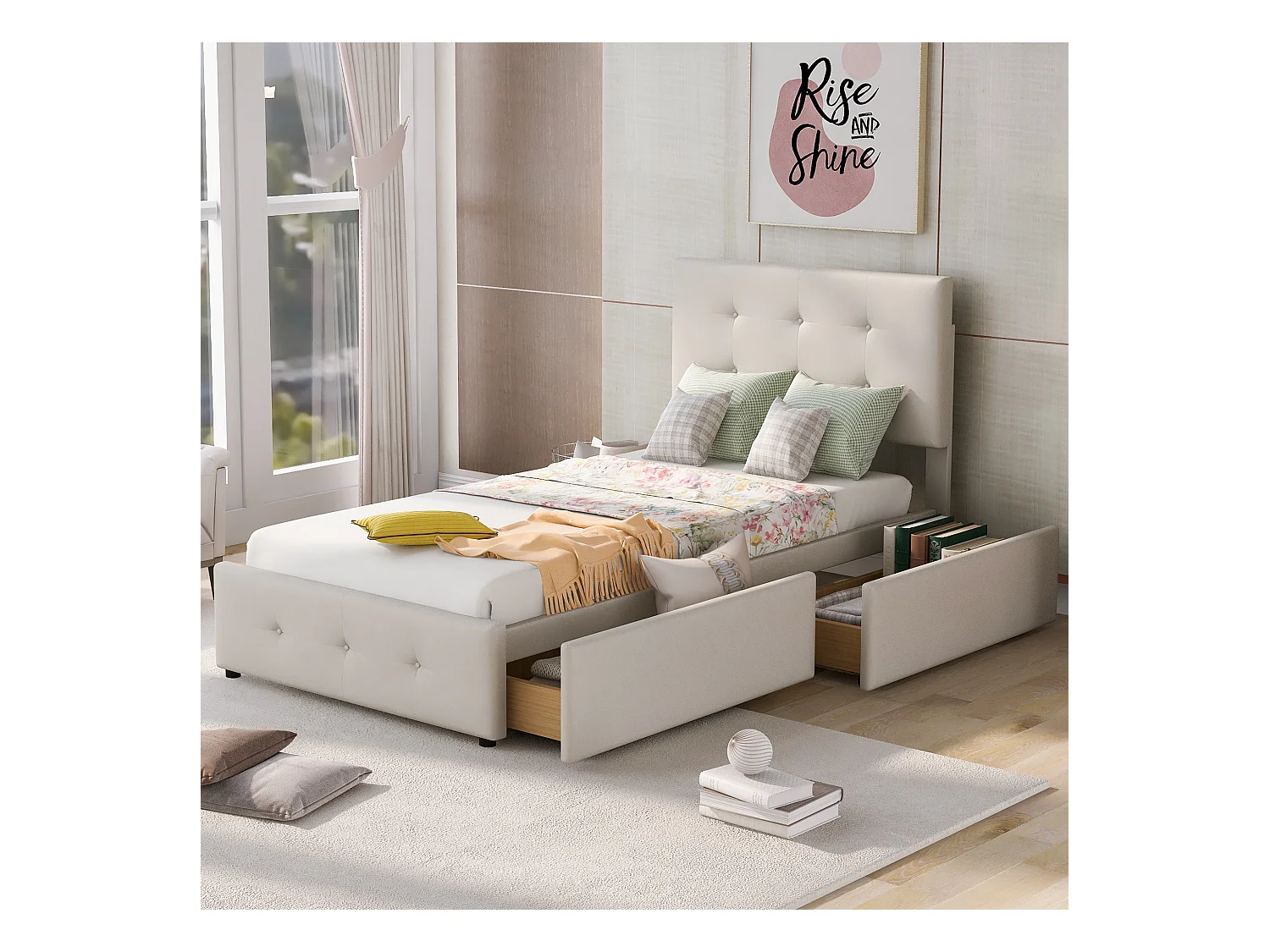 Cadre de lit simple beige 90x200cm avec sommier à lattes et 2 tiroirs (sans matelas)