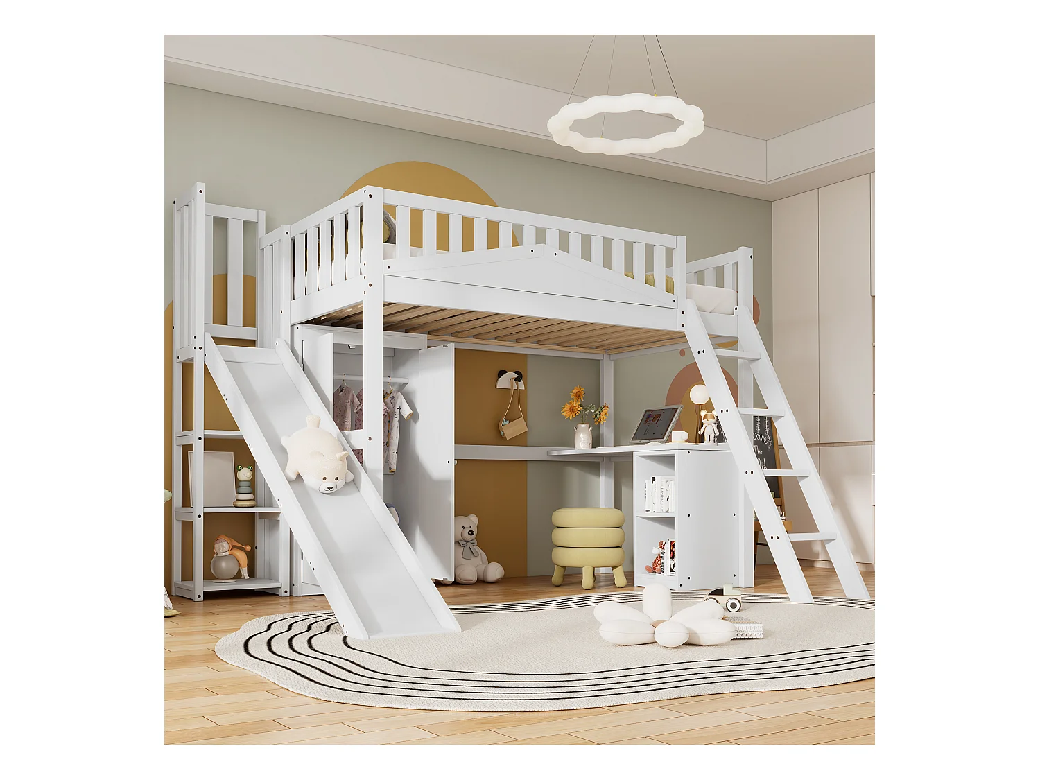 Lit mezzanine, 90 x 200 cm, superposé, avec table et armoire, avec échelle, blanc